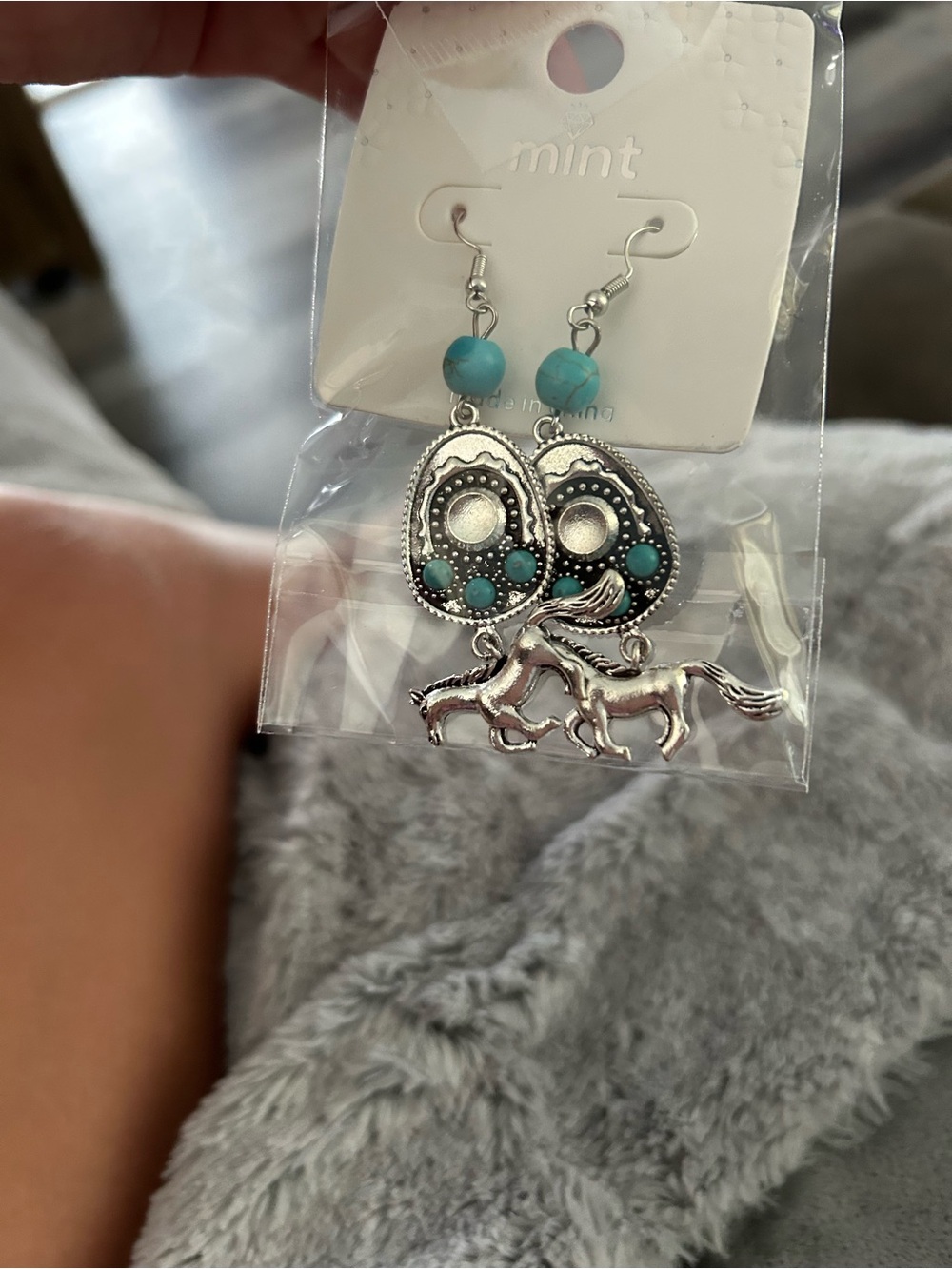 4/$50 Mint Turquoise and Silver Horse Medallion Dangle Earrings